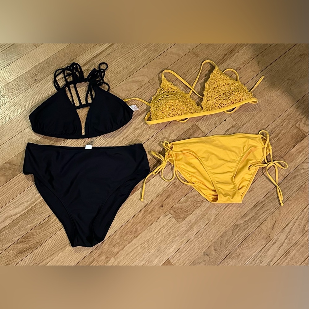 XHILARATION BUNDLE OF 2: Black and Yellow Bikini Sets. Tops in large, bottoms XL